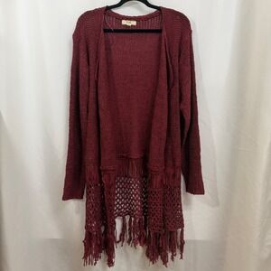 Jade by Jane Maroon Loose Knit Open Cardigan 1X 2X Fringe Crochet Boho Womens